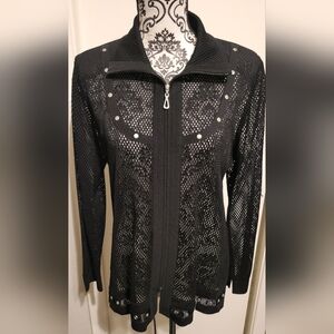 Exclusively Misook Black Mesh Grommet Detail Zip Front‎ Cardigan Jacket Zip Sz S